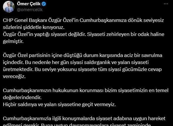 AK Parti Sözcüsü Çelik: "Özgür Özel’in Cumhurbaşkanımıza dönük seviyesiz sözlerini şiddetle kınıyoruz"