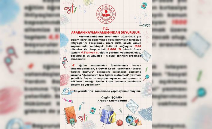 Araban Kaymakamlığı bin 500 ihtiyaç sahibi çocuklara yardım yapacak