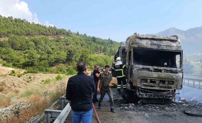 Burdur’da seyir halindeyken alev alan tır küle döndü