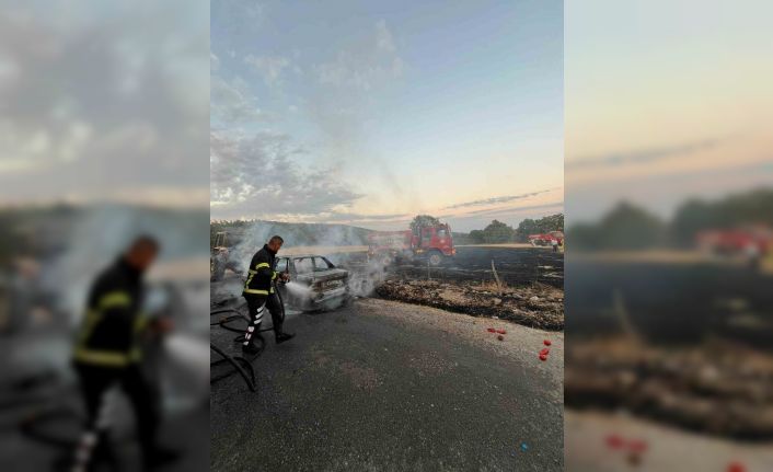 Çanakkale’de yanan araçtaki alevler tarlaya sıçradı