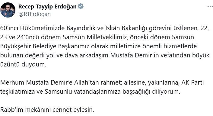 Cumhurbaşkanı Erdoğan’dan Mustafa Demir için taziye mesajı