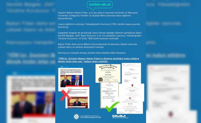 Dezenformasyonla Mücadele Merkezi: "Dışişleri Bakanı Fidan, Yönetim ve Siyaset Bilimi alanında lisans eğitimini tamamlamıştır"