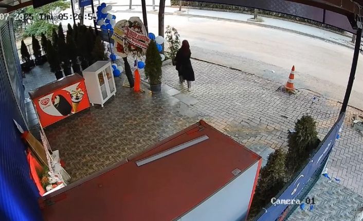 Dükkanın önündeki çiçeği alıp uzaklaşırken kameralara yakalandı