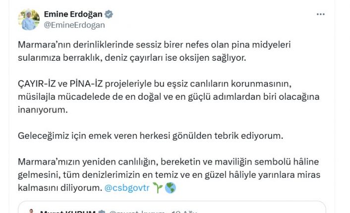 Emine Erdoğan’dan Marmara Denizi’nde başlatılan pina midyeleri ve deniz çayırları projesine ilişkin paylaşım: