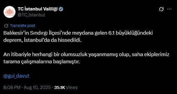 İstanbul Valiliğinden deprem açıklaması