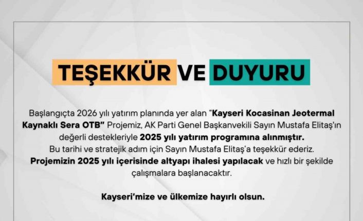 Kayseri Kocasinan Jeotermal Kaynaklı Sera OTB Projesi 2025 yatırım programına alındı