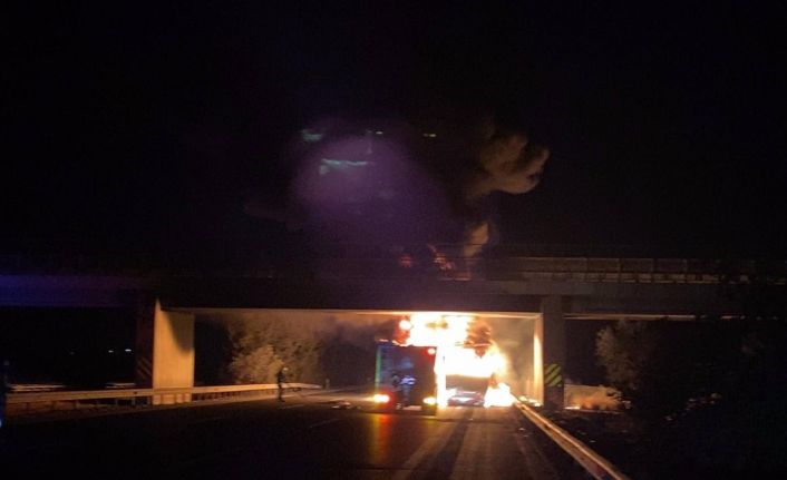 Lastik yüklü tır alev alev yandı