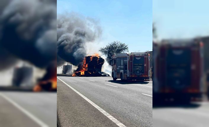LPG’li otomobil yangını önce tarlaya sonra tıra sıçradı
