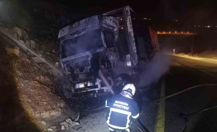 Mardin’de alevlere teslim olan tır, geceyi aydınlattı