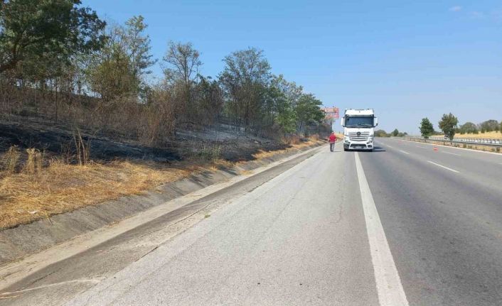 Otobanda fırlayan tır lastiği yangın çıkardı
