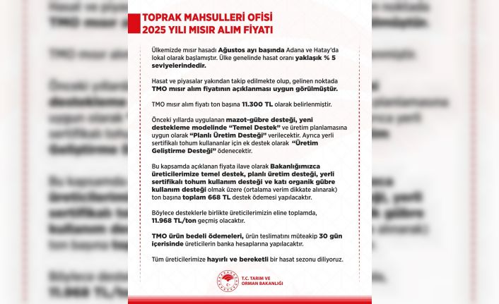 Toprak Mahsulleri Ofisi 2025 yılı mısır alım fiyatları belirlendi