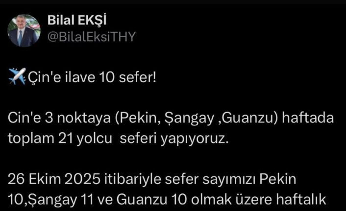 Türk Hava Yolları’ndan Çin’e 10 ek sefer