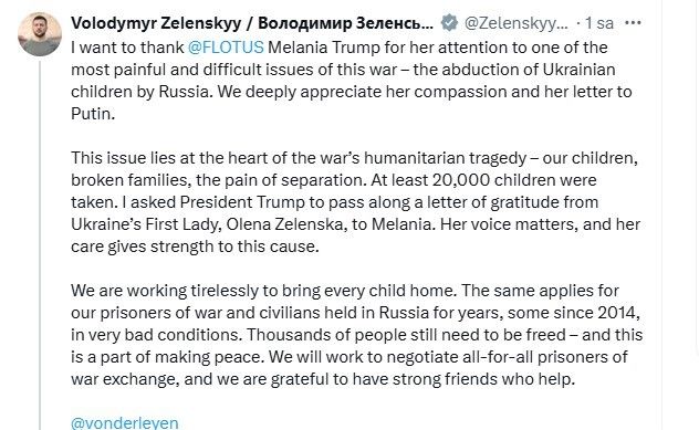 Ukrayna Devlet Başkanı Zelenskiy’den ABD First Lady’si Melania Trump’a teşekkür