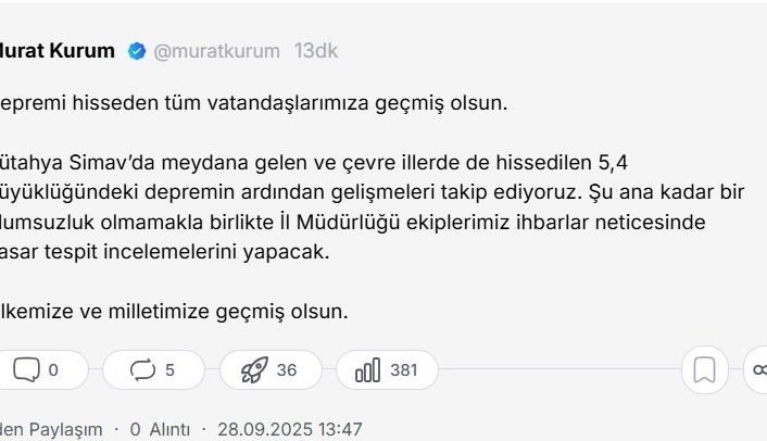 Bakan Kurum: "Depremi hisseden tüm vatandaşlarımıza geçmiş olsun"