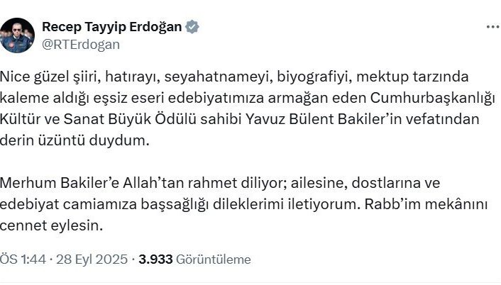 Cumhurbaşkanı Erdoğan’dan Bakiler için başsağlığı mesajı