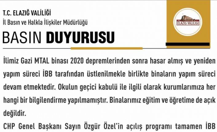Elazığ Valiliği’nden Özgür Özel’in açılışını yaptığı okulla ilgili açıklama