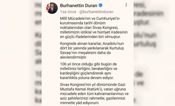 İletişim Başkanı Duran:"106 yıl önce olduğu gibi bugün de milletimiz birliğini, beraberliğini ve kardeşliğini güçlendirerek aynı kararlılıkla yoluna devam ediyor"