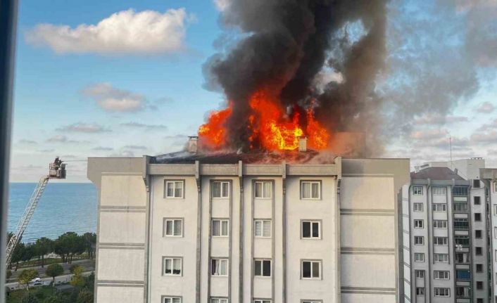 Ordu’da 7 katlı binanın çatısı alev alev yandı
