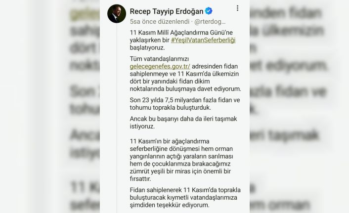 Cumhurbaşkanı Erdoğan’dan 11 Kasım Milli Ağaçlandırma Günü mesajı