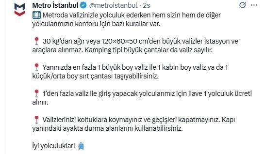 Metro İstanbul’da "valiz için ek ücret" dönemi