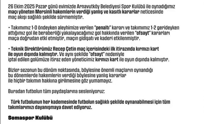 Somaspor’dan maçın hakemlerine tepki