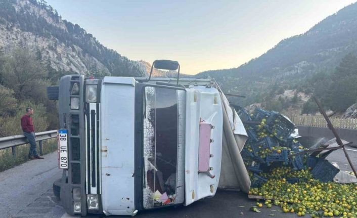 Tarsus’ta narenciye yüklü kamyon devrildi