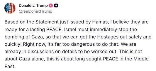 Trump, Hamas’ın ateşkes planını kısmen kabul etmesini değerlendirdi: "Açıklamalarına bakılırsa, kalıcı bir barışa hazır olduklarına inanıyorum"