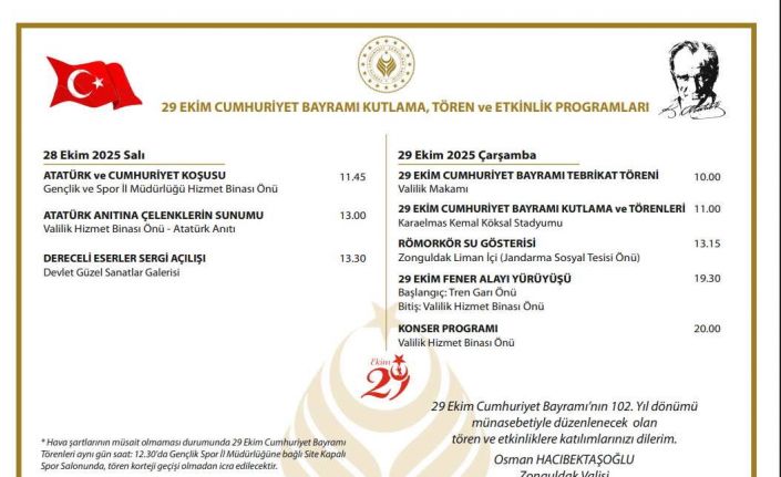 Zonguldak’ta 29 Ekim programı belli oldu