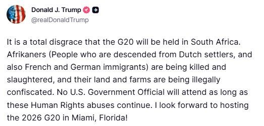 ABD Başkanı Trump’tan G20 Zirvesi tepkisi: "Güney Afrika’da yapılacak olması tam bir rezalet"