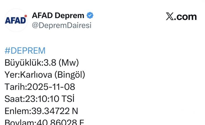 Bingöl’de 3.8 büyüklüğünde deprem