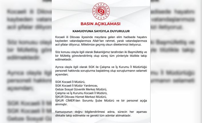 Çalışma ve Sosyal Güvenlik Bakanlığı Kocaeli’ndeki yangına ilişkin 7 kişiyi açığa aldı