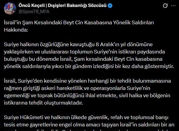 Dışişleri Bakanlığı Sözcüsü Keçeli’den İsrail’in Şam’a saldırılarına tepki
