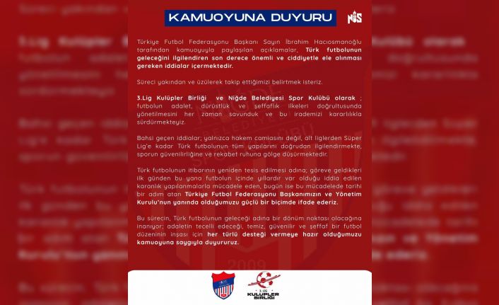 Niğde Belediyespor’dan TFF’ye destek