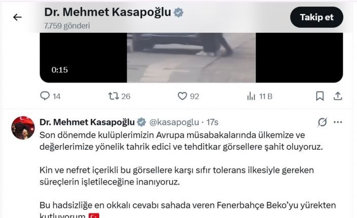 Sırp taraftarların ırkçı pankartına Kasapoğlu’ndan sert tepki