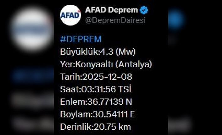 Antalya’da 4.3 büyüklüğünde deprem