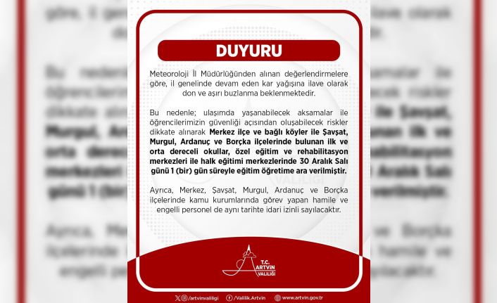 Artvin merkez ve 4 ilçede kar nedeniyle eğitime 1 gün ara verildi