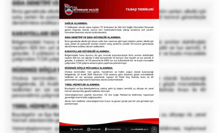 Diyarbakır’da yılbaşı tedbirleri kapsamında 8 bin 737 güvenlik personeli sahada olacak