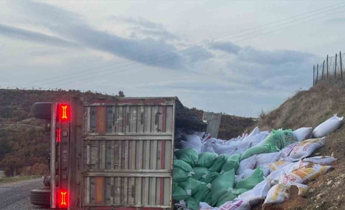 Gördes’te yem yüklü tır devrildi: 1 yaralı