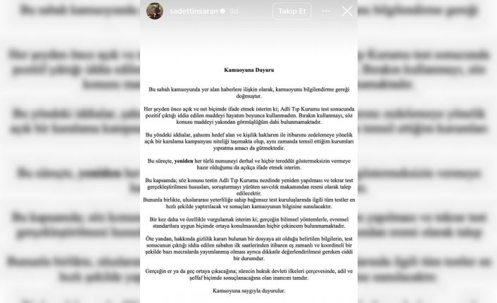 Sadettin Saran: "Test sonucunda pozitif çıktığı iddia edilen maddeyi hayatım boyunca kullanmadım"