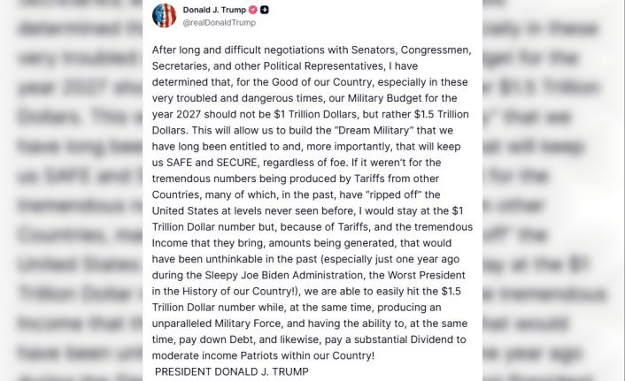 ABD Başkanı Trump: "2027 savunma bütçemizin 1 buçuk trilyon dolar olması gerektiğine karar verdim"