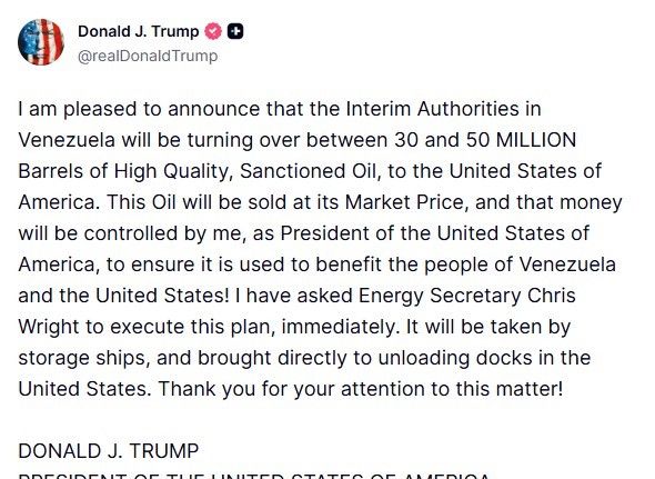 ABD Başkanı Trump: "Venezuela, 30 ila 50 milyon varil arasında petrolü ABD’ye devredecek"