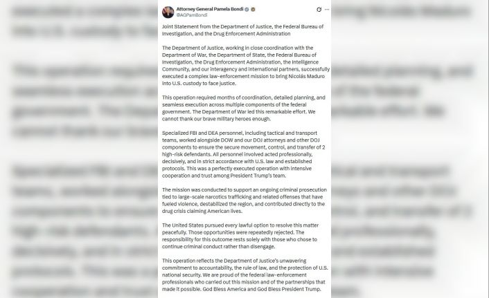 ABD’den Maduro operasyonu açıklaması: "Sonucun sorumluluğu suç faaliyetlerini sürdürmeyi tercih edenlere aittir"