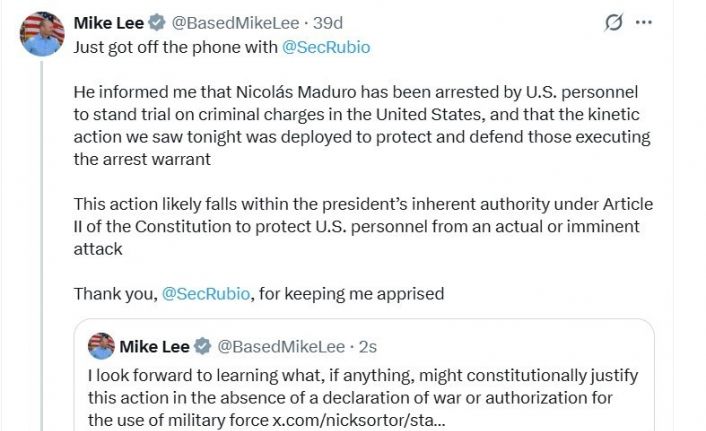 ABD’li Senatör Lee: "Dışişleri Bakanı Rubio, Maduro’nun ABD’de yargılanmak üzere tutuklandığını bildirdi"