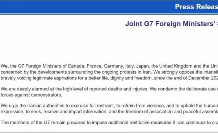 G7 ülkelerinden İran’a kınama: "Muhalefete yönelik baskının sürmesi halinde ek kısıtlayıcı tedbirler uygulamaya hazırız"