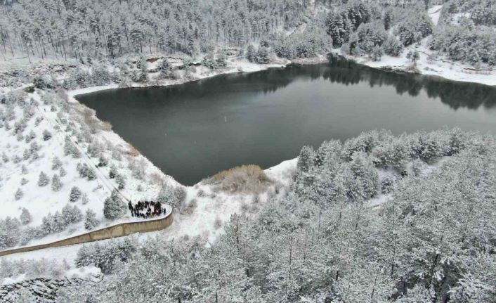 Karla kaplı orman içerisindeki gölet, kış manzarasıyla mest ediyor
