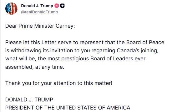 Trump, Kanada Başbakanı Carney’e yaptığı Gazze Barış Kurulu’na katılım davetini geri çekti