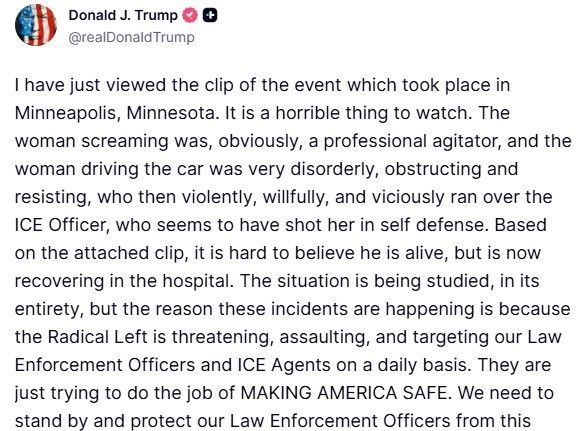 Trump’tan Göçmenlik ve Gümrük Muhafaza Dairesi ajanlarının bir kadını vurarak öldürmesi ile ilgili açıklama