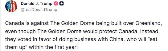 Trump’tan Kanada’ya Grönland tepkisi: "Altın Kubbe’ye karşı çıkarken, Çin ile iş yapmayı tercih ettiler"