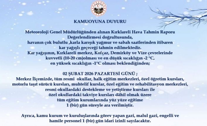 Kırklareli merkez, Kofçaz, Demirköy ve Vize’de eğitime 1 gün ara verildi