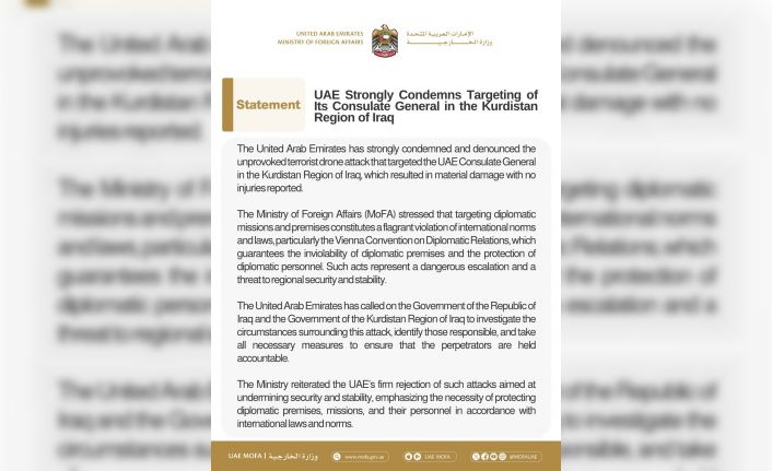 BAE, Irak Kürt Bölgesel Yönetimi’ndeki başkonsolosluğuna İHA saldırısı yapıldığını açıkladı: "Kınıyoruz"